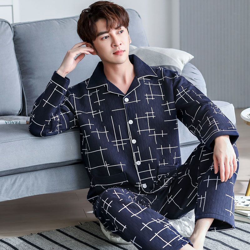 Pajamas de algodón de primavera y otoño para hombres, ropa de hogar de manga larga engrosada, otoño y invierno, conjunto de algodón de aire intercalado
