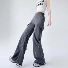 高街美式工装喇叭阔腿裤女夏季新款设计感宽松高腰显瘦运动休闲裤