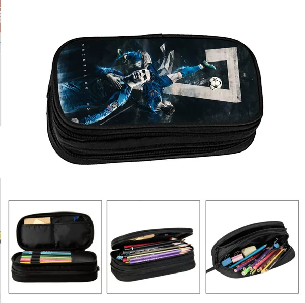 Pen Box C Ronaldo Black Student Pen Bag Neutral Double-Layer Pen Box Stationery Box Storage Bag