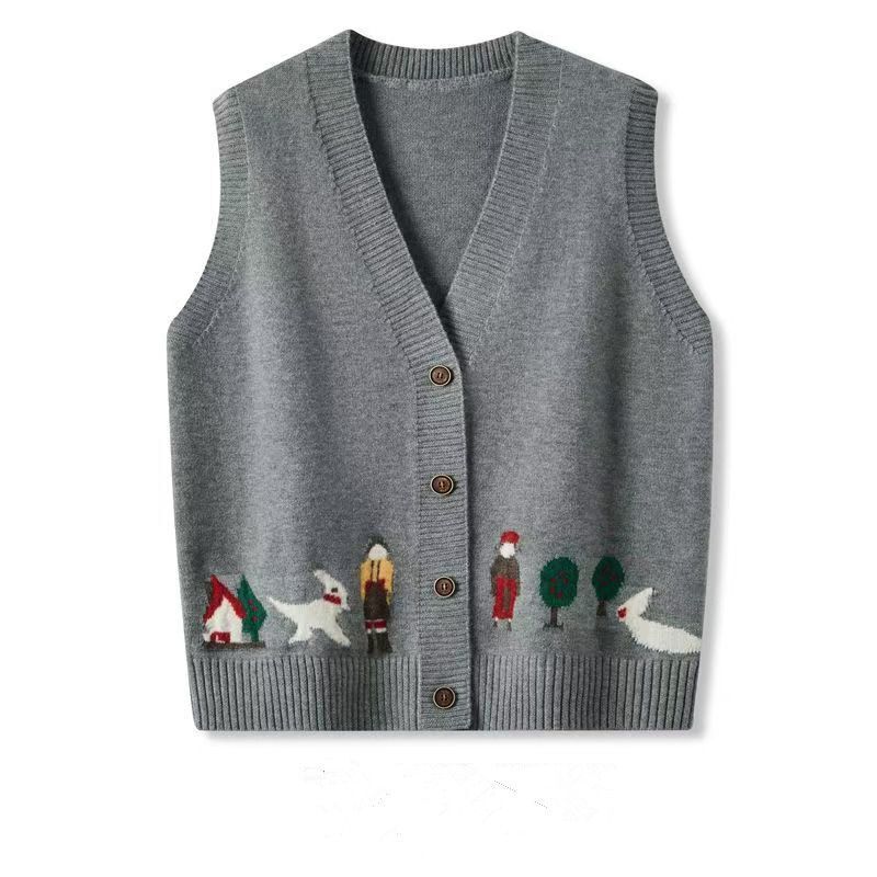 2025 Autumn and Winter New Design Jacquard Sweater Vest Loose Layered Cute Style Knitted Vest Cardigan for Women