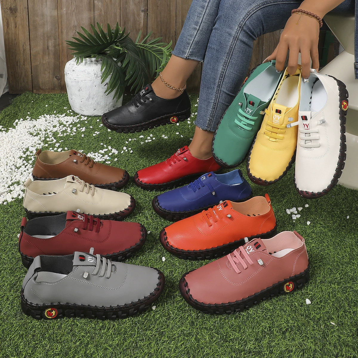 Простроченная Однослойная обувь Удобные туфли на плоской подошве на шнуровке для мам Широкие и пухлые ноги, ГОВЯЖЬЯ подошва, мягкая подошва, женская обувь среднего возраста больших размеров