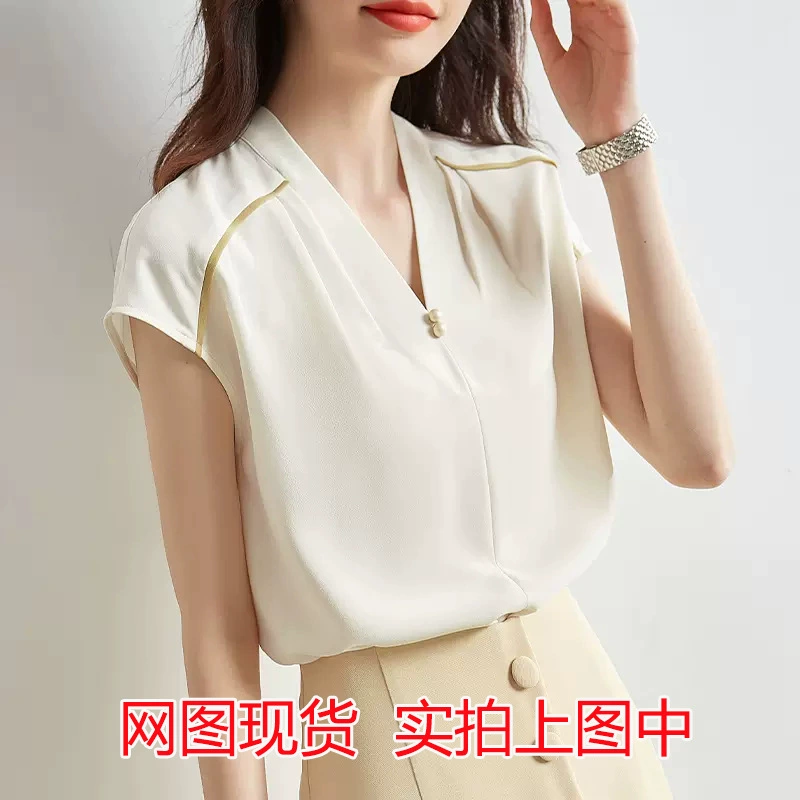 V-образный вырез с коротким рукавом шифоновая рубашка с уменьшением жизненной энергии для женщин 2024 года новая корейская версия шикарного пригородного пуловера прямой топ