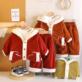 五小七童装2025新款冬季套装加绒加厚男童宝宝棉衣保暖外套三件套