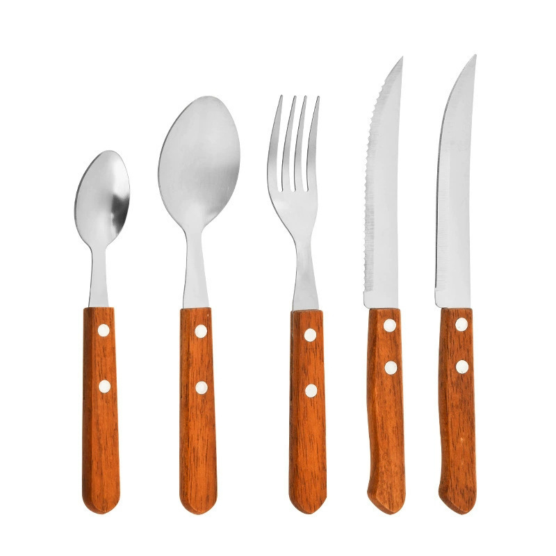 Cuchillo y tenedor de acero inoxidable explotador transfronterizo cubiertos occidentales cuchillo y tenedor de filete conjunto de sopas de sopa mango de madera de cinco piezas conjunto de cuchillo y tenedor afilado