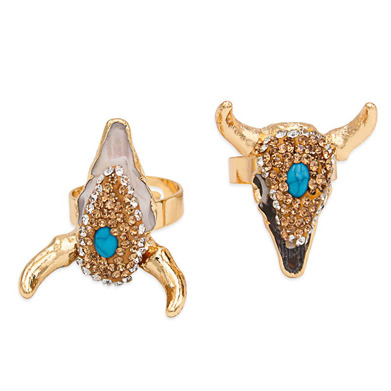 Bull Head Pattern Unisex Gender Exaggerated Bull Head Alloy Inlay Turquoise Rhinestones Unisex Open Ring