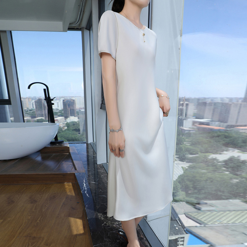 Dress for Women, Summer, High-End, Long Dress, Short-Sleeved, V-Neck, Satin, Mid-Length, Solid Color, Black Skirt to Cover the Belly Dress for Women, Summer, High-End, Long Dress, Short-Sleeved, V-Neck, Satin, Mid-Length, Solid Color, Black Skirt to Cover the Belly