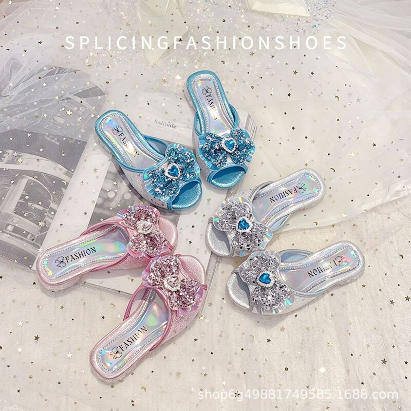 Girls' Internet Celebrity Elsa Princess Slip-On Sandals for Summer, High-Heeled Bow-Knot Slippers for Little Girls, Fashionable and Shiny for Outdoor Wear Girls' Internet Celebrity Elsa Princess Slip-On Sandals for Summer, High-Heeled Bow-Knot Slippers for Little Girls, Fashionable and Shiny for Outdoor Wear
