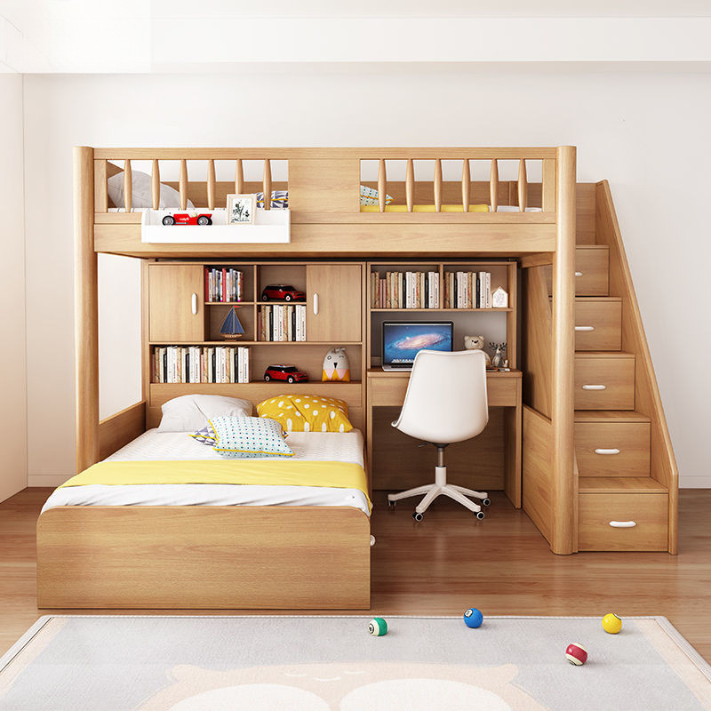 Staggered Bunk Bed Solid Wood Upper Bed and Lower Table Children's Bed Desk Integrated High Box Bed Space-Saving Dislocation Bunk Bed