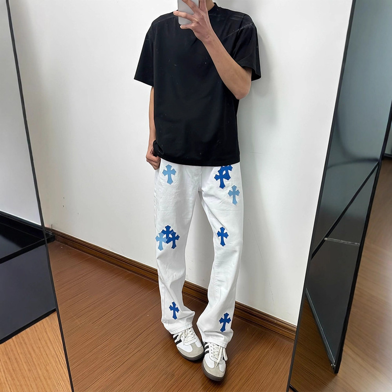 White American High Street Flared Jeans for Men, Autumn Trendy Brand Cross-Rise Pants, Slim-Fit Straight-Leg Pants