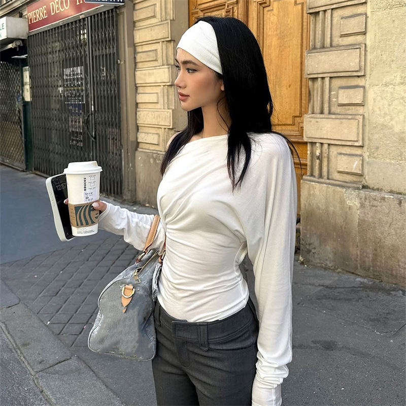 欧美ins风女装2025秋季新款时尚街拍斜领露肩长袖收腰显瘦T恤上衣|undefined