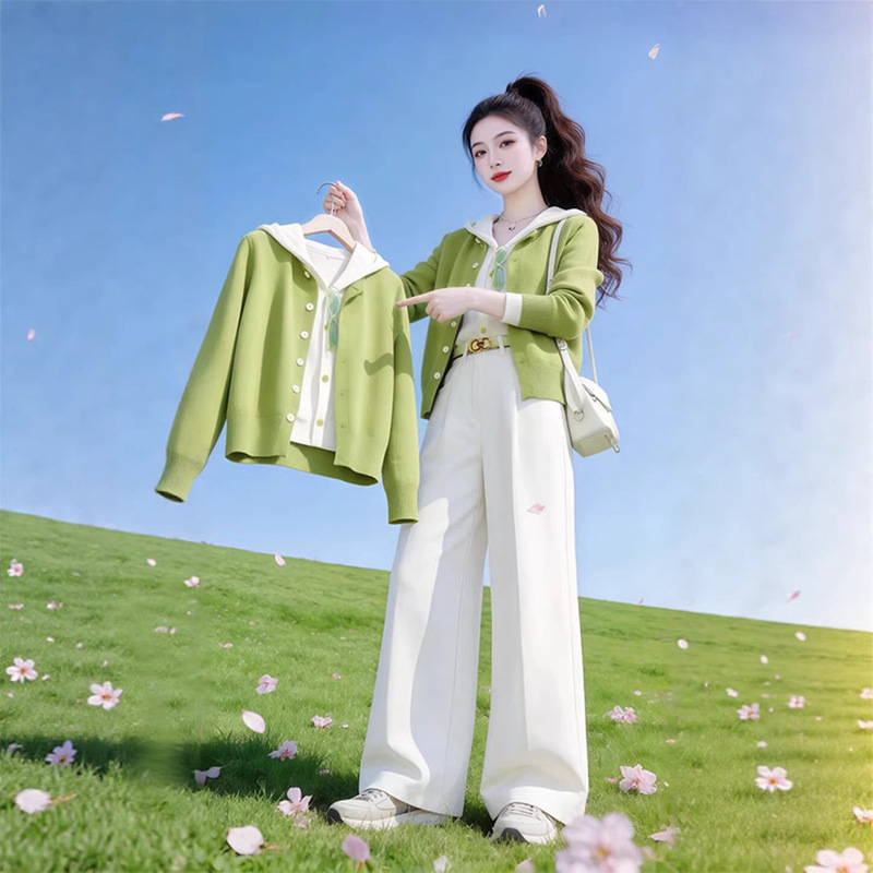 French-Style Fresh Green Hooded Faux Two-Piece Knitted Cardigan for Women, Spring Casual Slim-Fit High-End Jacket Top Trendy French-Style Fresh Green Hooded Faux Two-Piece Knitted Cardigan for Women, Spring Casual Slim-Fit High-End Jacket Top Trendy
