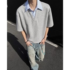 偽のシャツの襟の半袖のtシャツの男性の夏の新型のデザイン感の百合のごろつきのハンサムでゆったりしている半袖のtシャツの潮