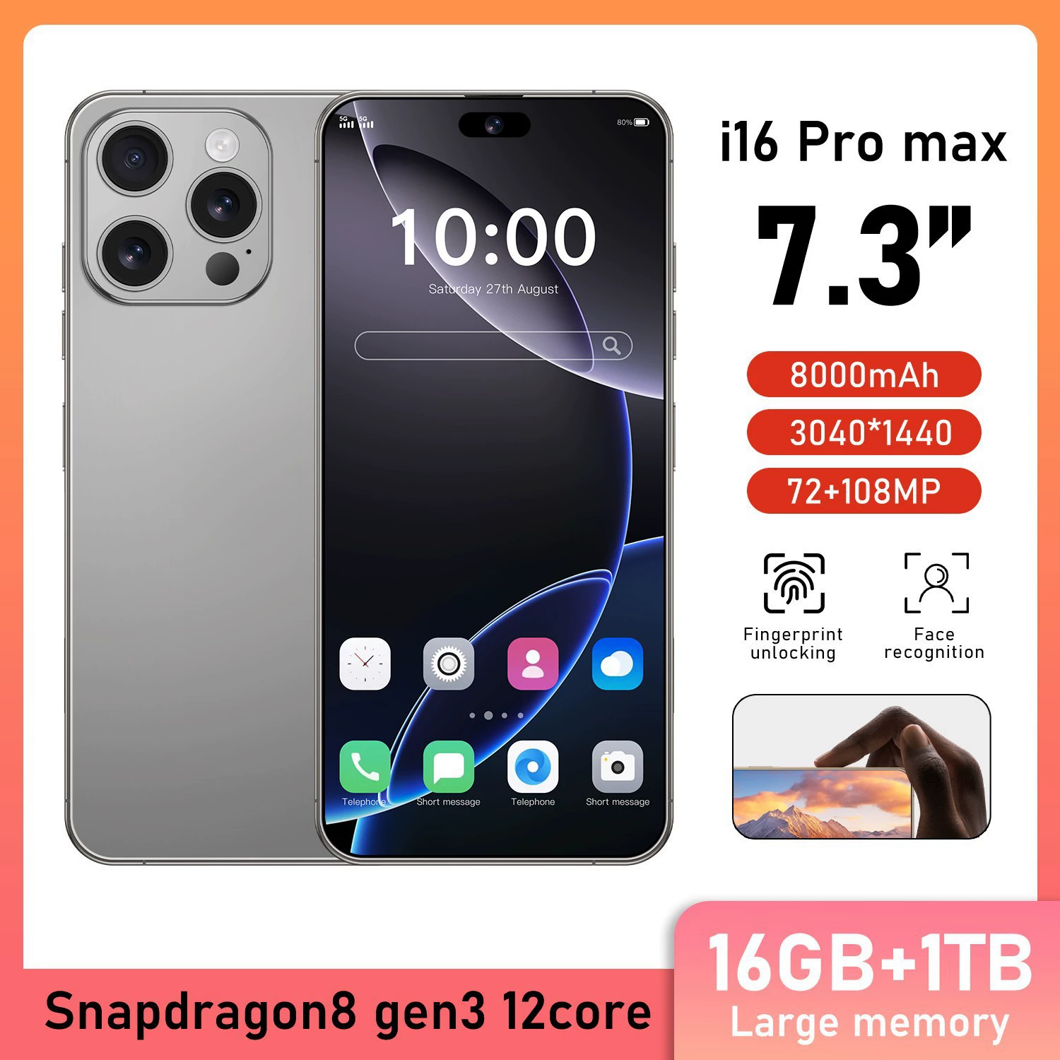 Мобильный телефон Pro, умные часы, Intel Core i16, 16 Pro Max, 3 дюйма, 4G, Android, 3 ГБ, 64 ГБ