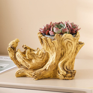 Creative Imitation Wood Resin Flower Trough Balcony Personalized Imitation Tree Root Desktop Succulent Flower Pot Old Wooden Pile Pastoral Style