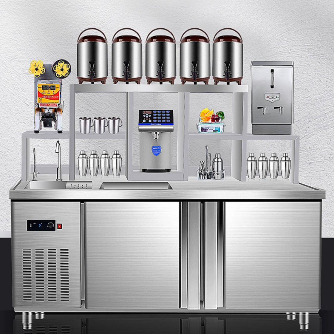 商用奶茶店设备商用不锈钢水吧台工作台饮品汉堡店冷冻操作雪克台