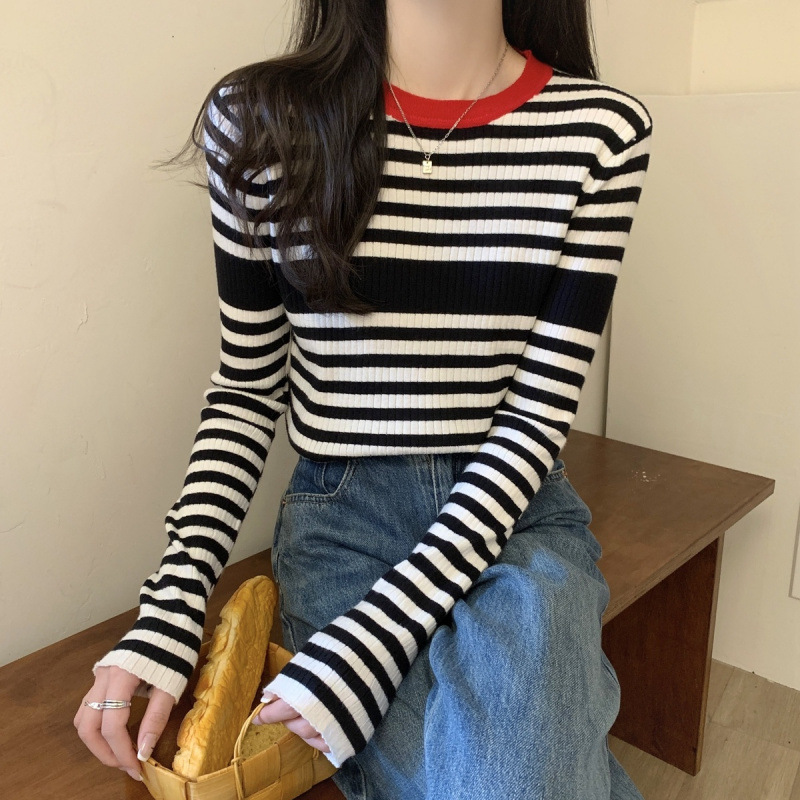 Pink Striped Pullover Sweater Women's Autumn and Winter Slim-fit Inner Base Sweater Long-sleeved Shoulder T-shirt Top Autumn and Winter