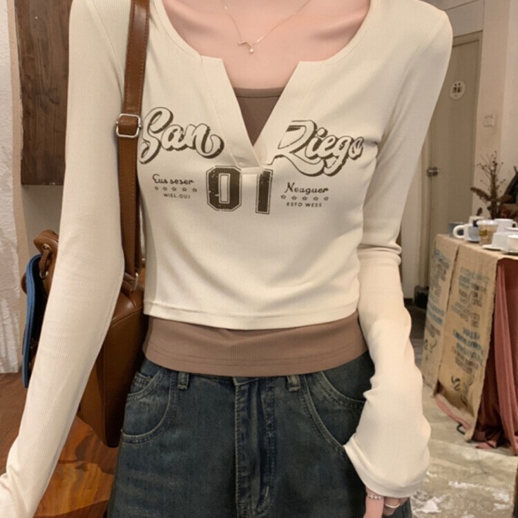 Fake Two-Piece V-Neck Long-Sleeved T-Shirt for Women Spring 2025 New Style High-End Slim Short Style Inner Layering Shirt Top