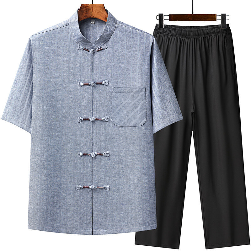 唐装スーツメンズお父さん 2025 夏服中高年おじいちゃん夏半袖レトロ中国風朝の運動服|undefined