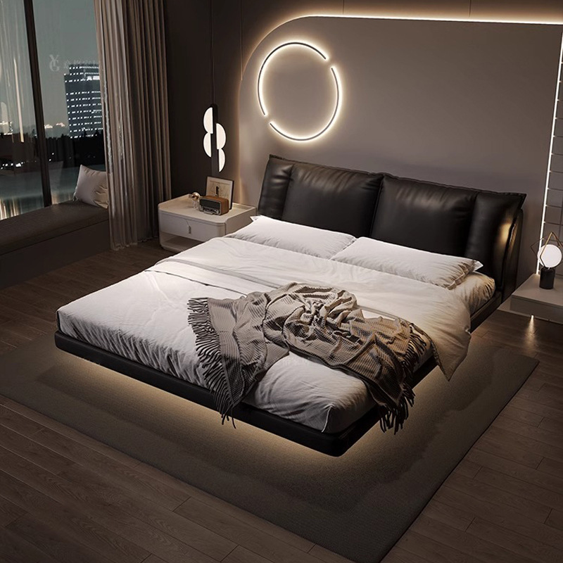 Cama de suspensión minimalista italiana, cama principal, cama de matrimonio, cama doble moderna y minimalista, cama de cuero negro de 2 * 2.2m