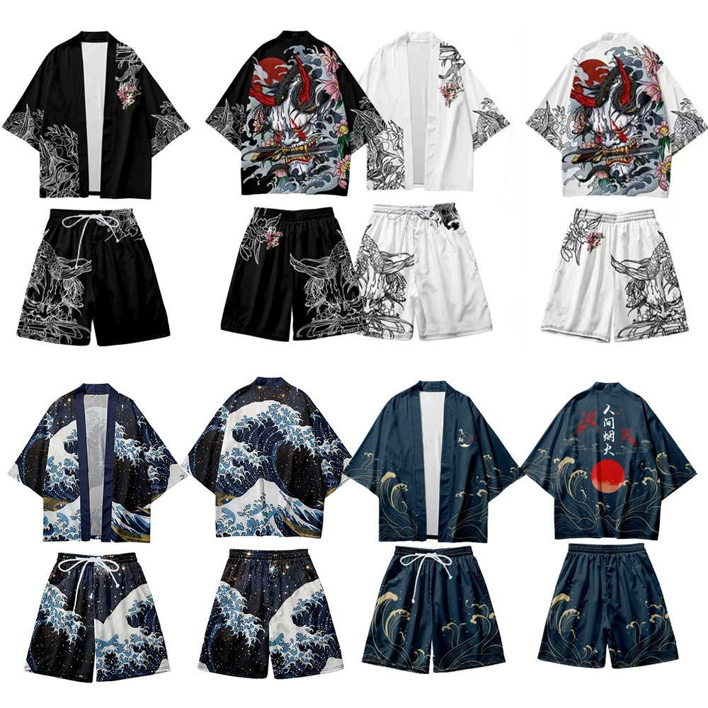 Мужской свободный кимоно-халат в стиле укиё-э, креативная иллюстрация, новый продукт 2025 года, с рукавом три четверти, повседневный стиль, для трансграничной торговли.