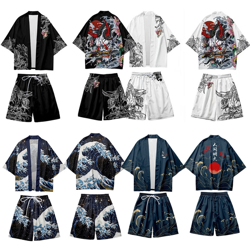 2025 Cross-border New Ukiyo-e Creative Illustration Taoist Robe Cloak Japanese Style Seven-point Sleeve Casual Loose Kimono for Men 2025 Cross-border New Ukiyo-e Creative Illustration Taoist Robe Cloak Japanese Style Seven-point Sleeve Casual Loose Kimono for Men