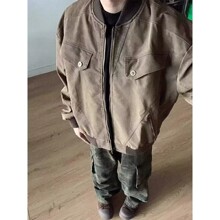 美式棕色夹克短款复古做旧外套男女上衣2025年秋冬情侣装学生休闲
