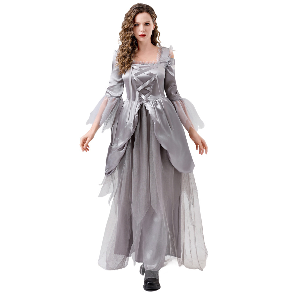 灰色新款萬聖節服裝恐怖鬼新娘連衣裙幽靈殭屍演出服化裝舞會戲服