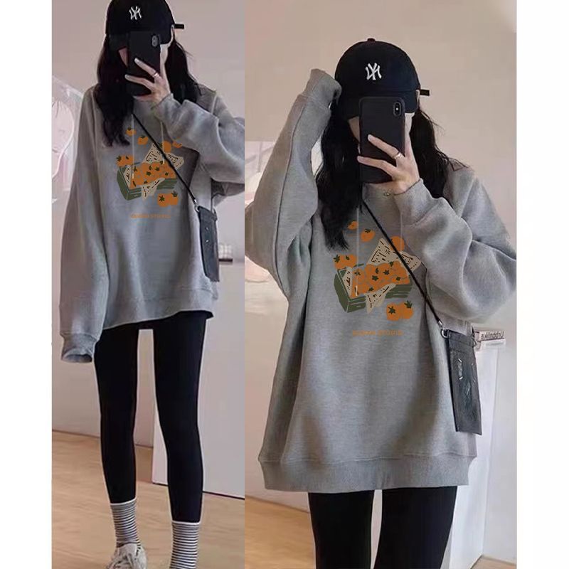 黑色中长款连帽卫衣女春秋季新款字母印花宽松套头薄款小个子上衣|undefined