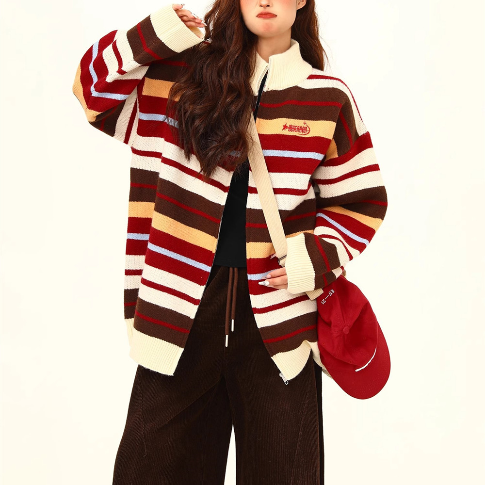 Striped color-blocked cardigan, women's autumn and winter new style American trendy oversized loose knit top coat