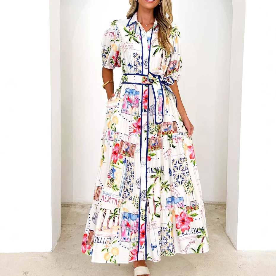 2025 cross-border Amazon women's clothing explosions European and American AliExpress cotton and linen flower printing lace-up short sleeve dress women