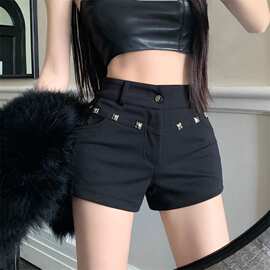 小个子铆钉美式辣妹黑色超短牛仔裤女铆钉低腰弹力显瘦包臀热裤子