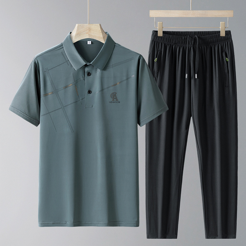 Traje casual de seda de hielo de verano para papá Camisa POLO de manga corta delgada de verano para hombres Traje de dos piezas de deportes de secado rápido para personas mayores y de mediana edad