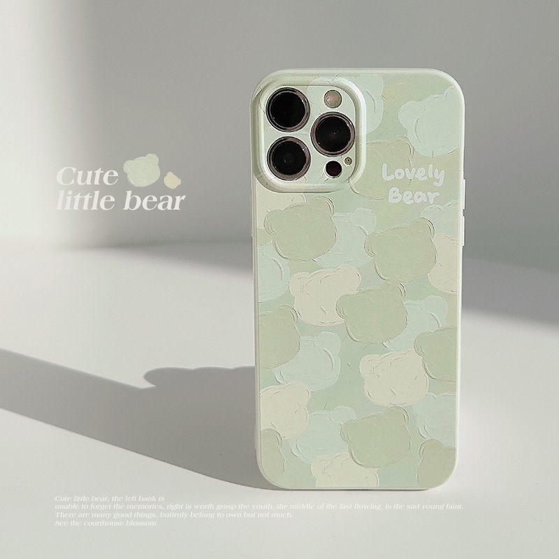 Suitable for 14Promax Cute Bear Head Iphone15 Apple Phone Case 13 Silicone 16 Green Oil Painting 17 Set