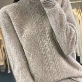 麻花加厚套头跨境针织慵懒半高领毛针织衫毛衣保暖漂亮百搭羊秋打