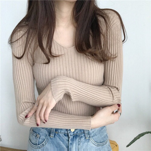 V-neck long-sleeve slim-fit base shirt women's inner sweater women's autumn/winter style stylish versatile top multi-color knit shirt