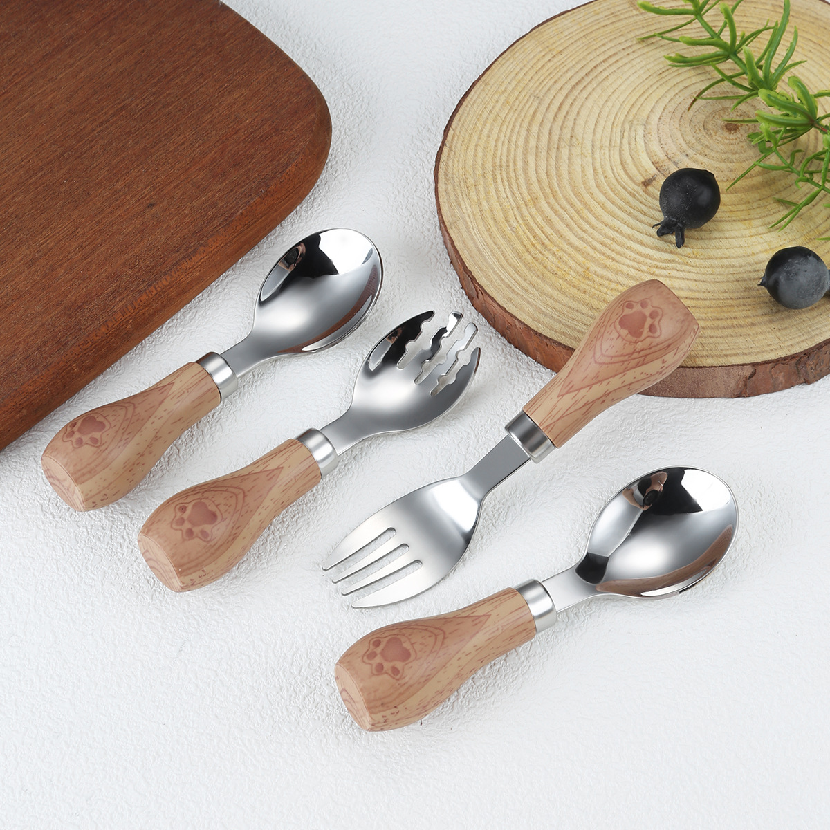 New Japanese-Style Standable 304 Stainless Steel Tableware Set Children's Spoon Fork Household Soup Spoon Kids Food Supplement Spoon