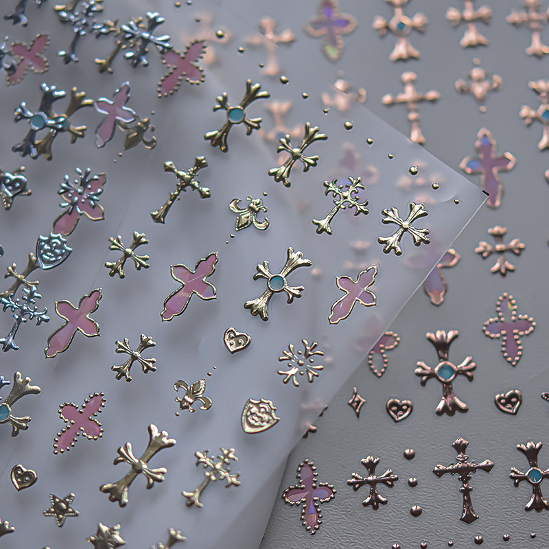 Tomoni Hot Stamping Nail Art Stickers Retro Nail Stickers Simple Metal Cross Series Auxiliary Stickers Versatile