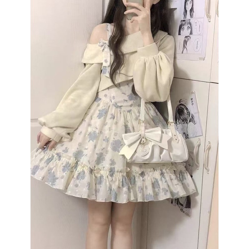 洛丽塔连衣裙秋冬新款学院风碎花吊带裙甜美露肩蓬蓬蛋糕裙少女|undefined