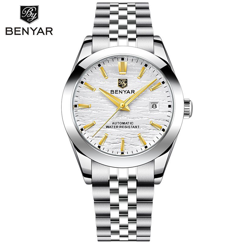 BENYAR calendario ondulado de acero inoxidable nocturno correa de reloj mecánico automático para hombres BY - 5209M