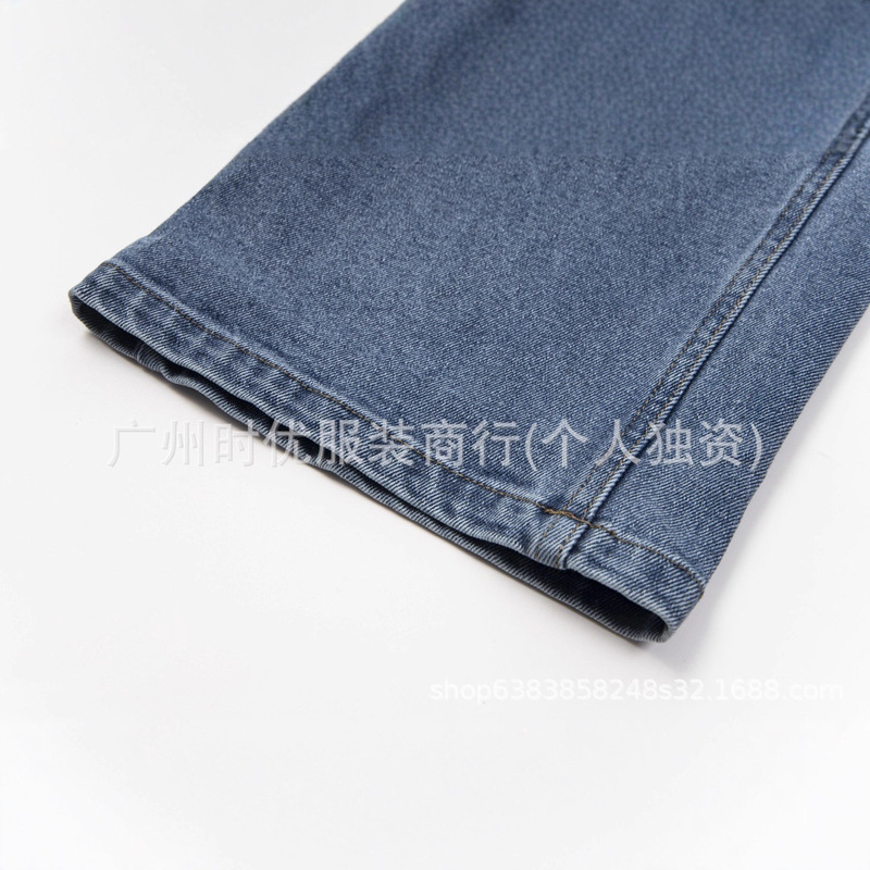 C牌新款皮标重磅微弹牛仔布双腰松紧直筒低腰宽松牛仔裤女生款|undefined