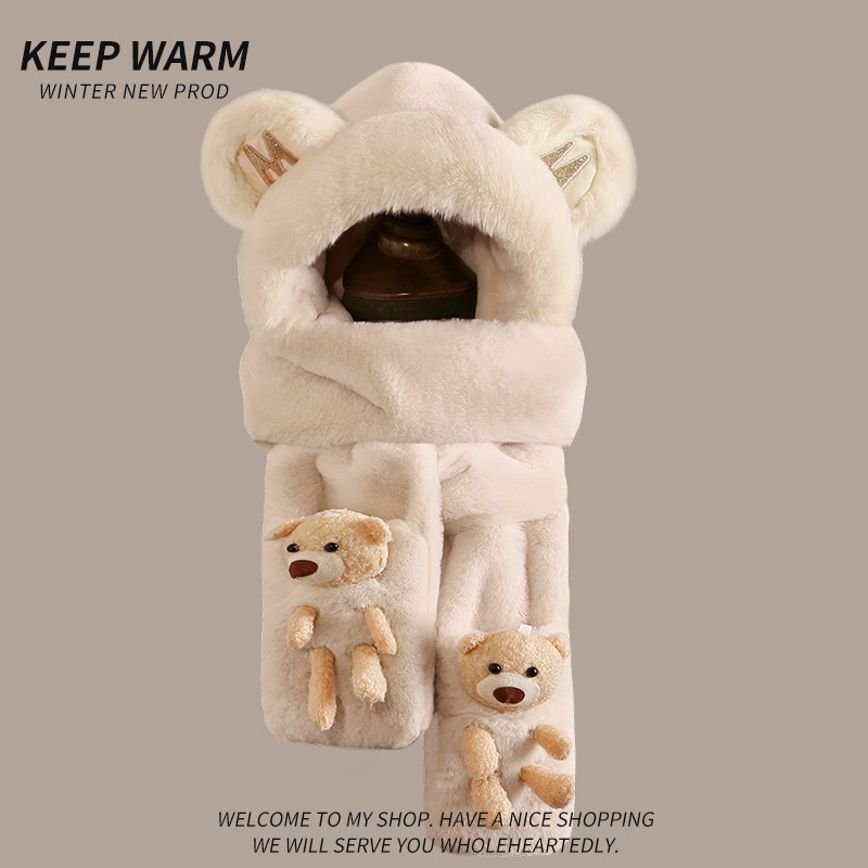 小熊帽子围巾一体女秋冬新款加绒儿童帽冬天骑车围脖男女童防风帽