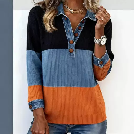 2025欧美女装独立站亚马逊拼接牛仔针织撞色纽扣长袖衬衣领上衣潮