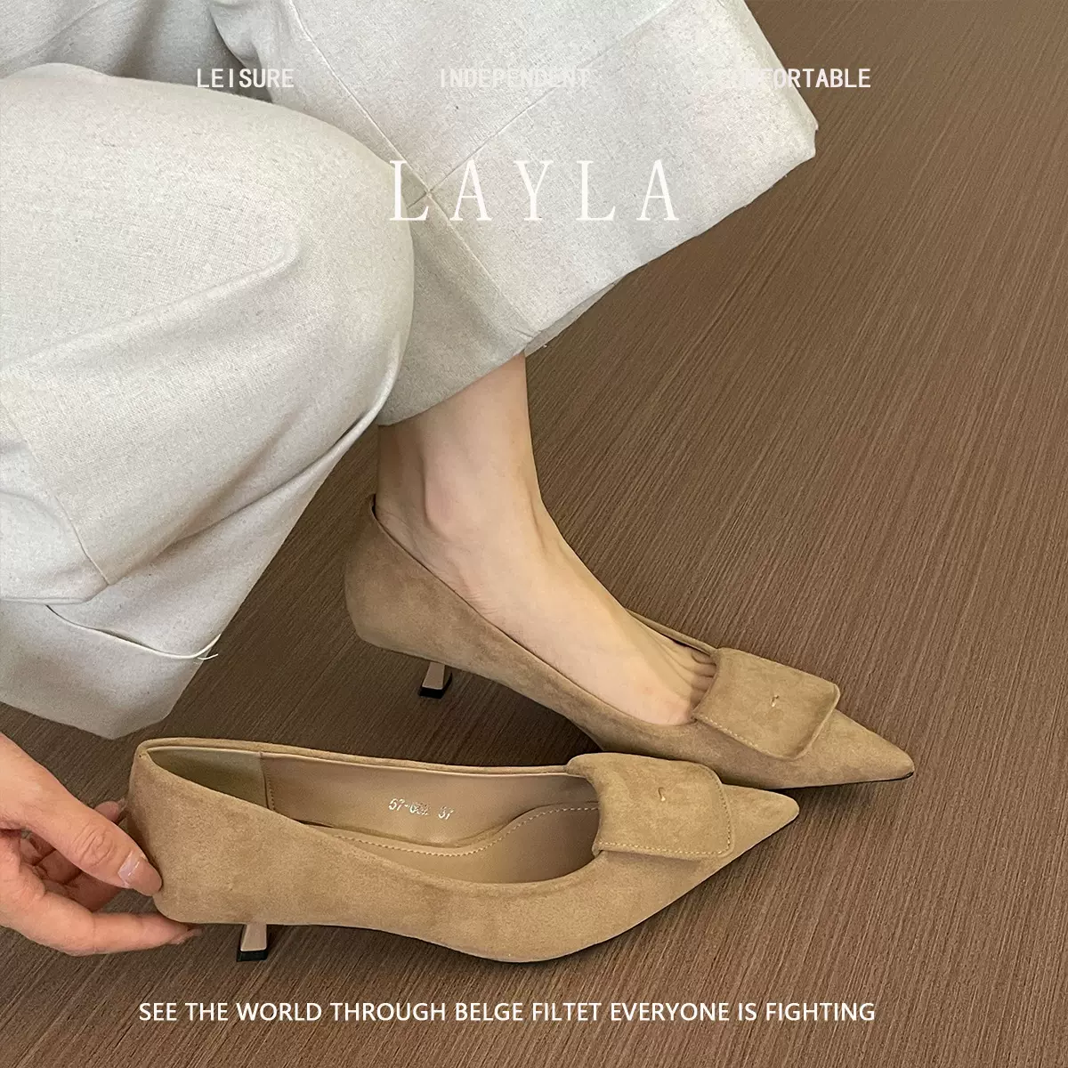 细跟绒面法式尖头单鞋女鞋2025年春季新款气质百搭浅口通勤晚晚鞋