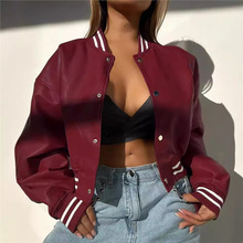 欧美亚马逊2024秋冬季防风皮夹克外套女棒球服时尚长袖机车PU皮衣