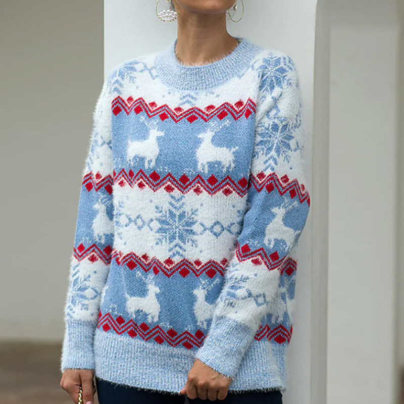 Pull de Noël douillet en maille jacquard à motif cerf, coupe ample, col rond, style décontracté, en fil doux._voghion.com