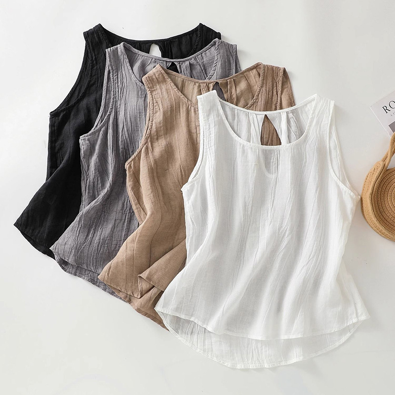 Cotton Linen Back Hollow Design Sense Vest Women's Top Summer New Sleeveless T-shirt Outer Wear Inner Base Sling Cotton Linen Back Hollow Design Sense Vest Women's Top Summer New Sleeveless T-shirt Outer Wear Inner Base Sling