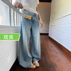 Ouyang シミター ジーンズ レディース 夏 薄手 ルーズ ワイドレッグ パンツ レトロ ストレート パンツ フロアモップ パンツ
