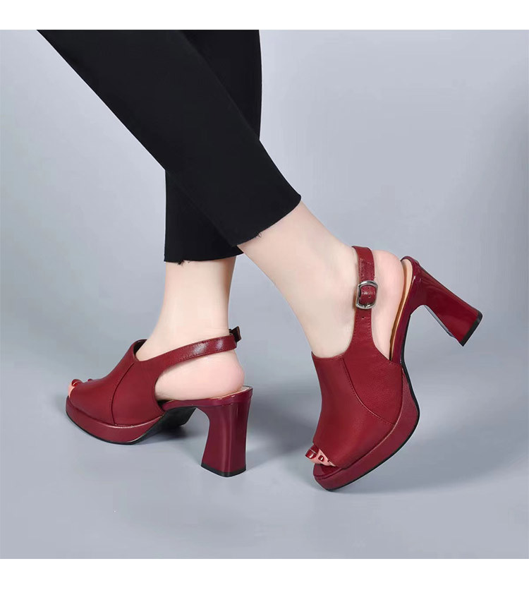 Sandal cao gót nữ da thật quai đơn mũi nhọn gót vuông đế dày kiểu La Mã gót 8 cm — Chiều cao gót 8cm màu đỏ tía chi tiết 5
