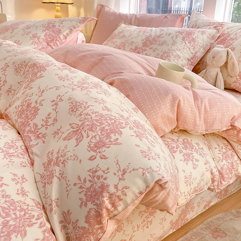 Juego de cuatro piezas de algodón puro, ropa de cama nueva 2024, funda de edredón floral fresca, sábana, cama de tres piezas para dormitorio