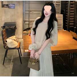 夏季新款气质百搭宽松蝙蝠袖上衣半身裙套装显瘦针织两件套杏色